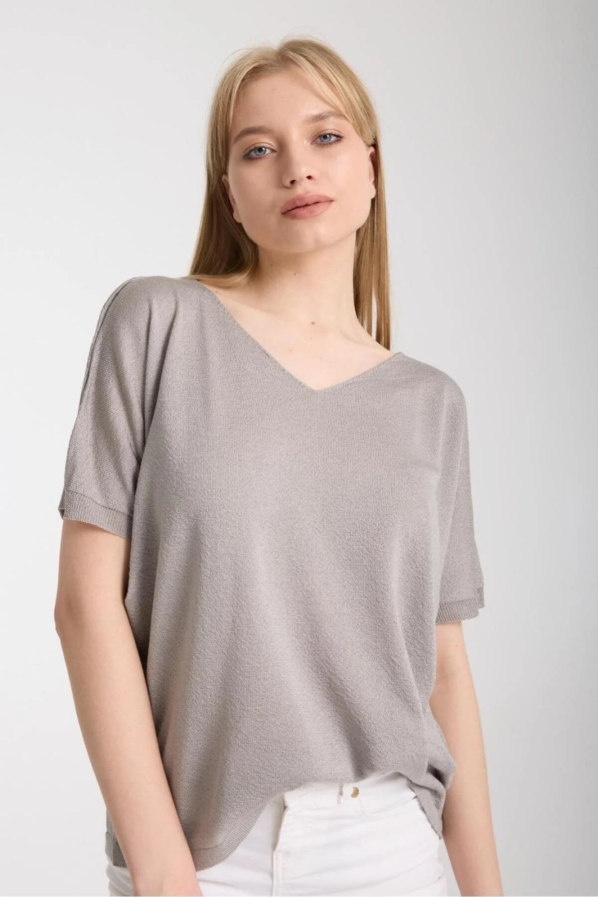 Kadın Triko Kazak Merserize V Yaka Basic Yumuşak Dokulu Rahat Kesim Ofis Stili 3347