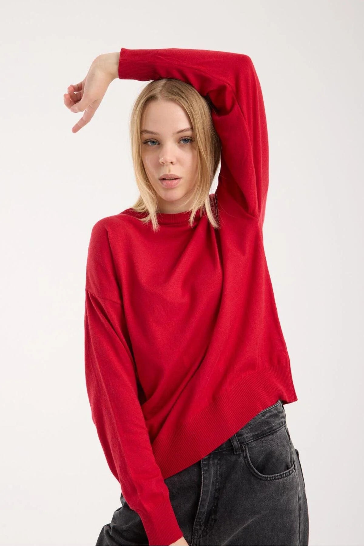 Kadın triko kazak yumuşak doku bisiklet yaka basic 3519