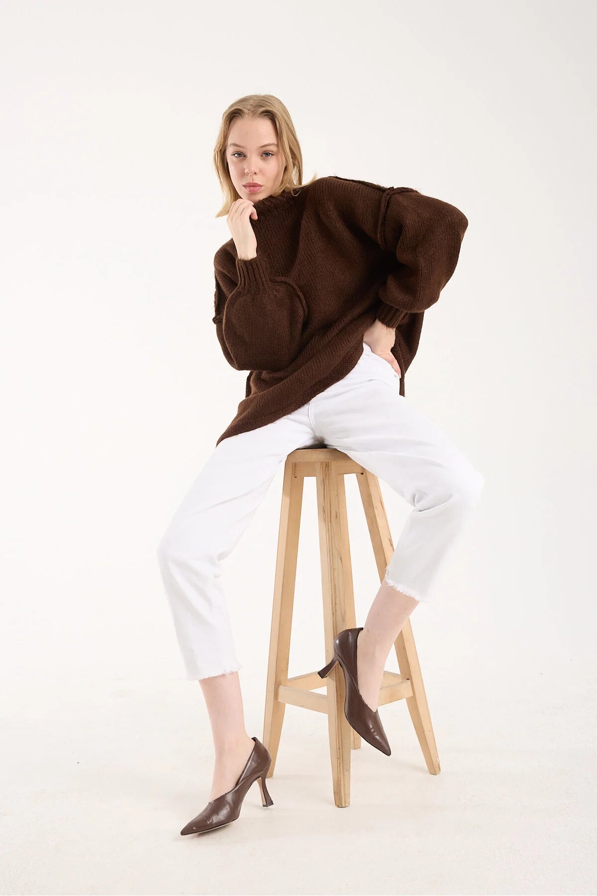 Yumoş ip ters dikiş oversize kadın kazak dik yaka 6513