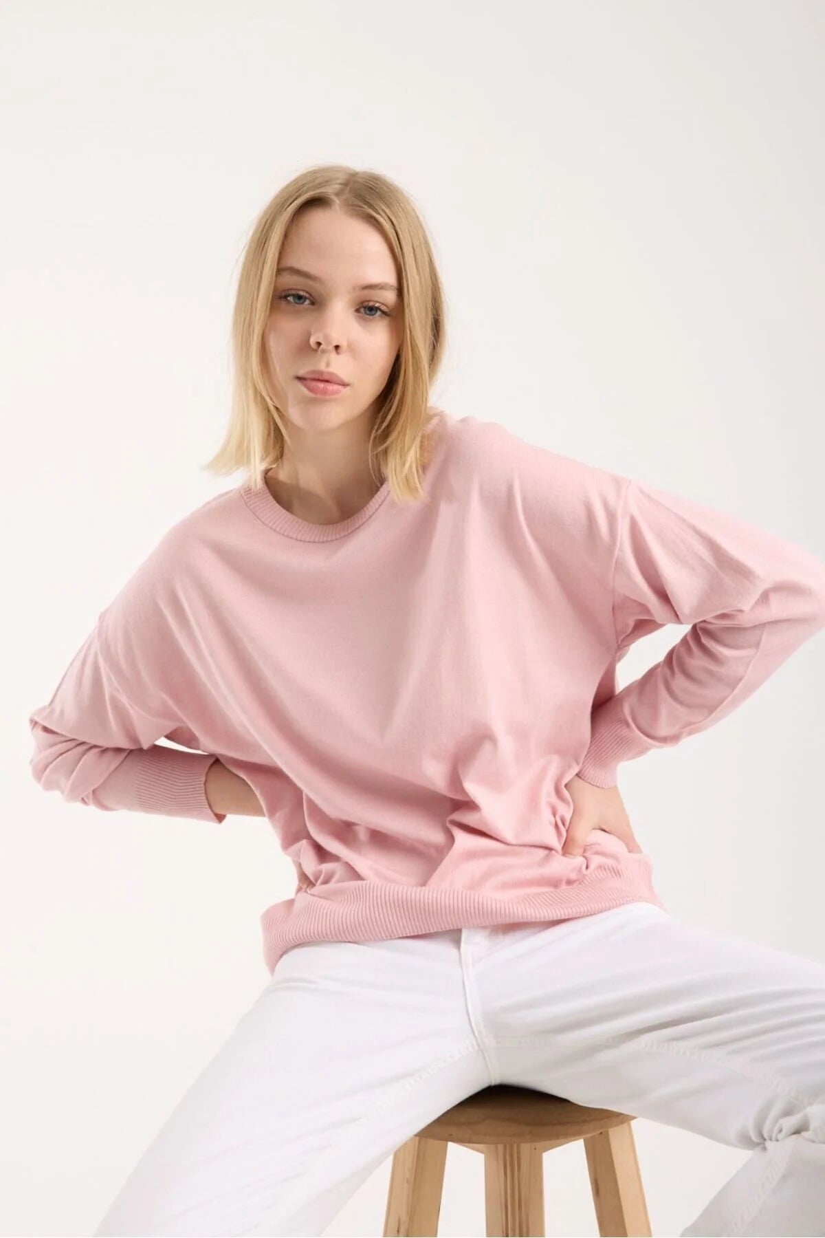 Kadın triko kazak yumuşak doku bisiklet yaka basic 3519