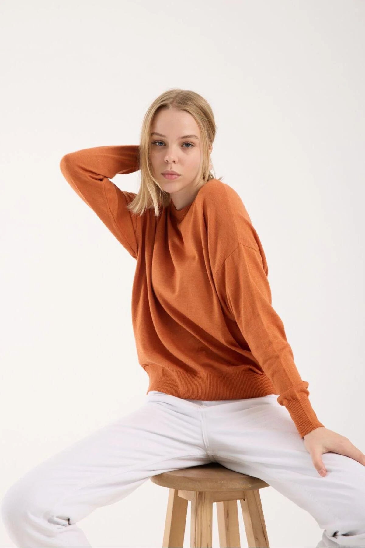 Kadın triko kazak yumuşak doku bisiklet yaka basic 3519