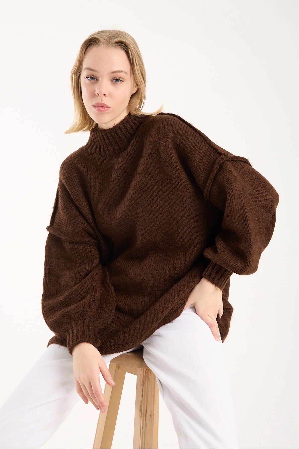 Yumoş ip ters dikiş oversize kadın kazak dik yaka 6513