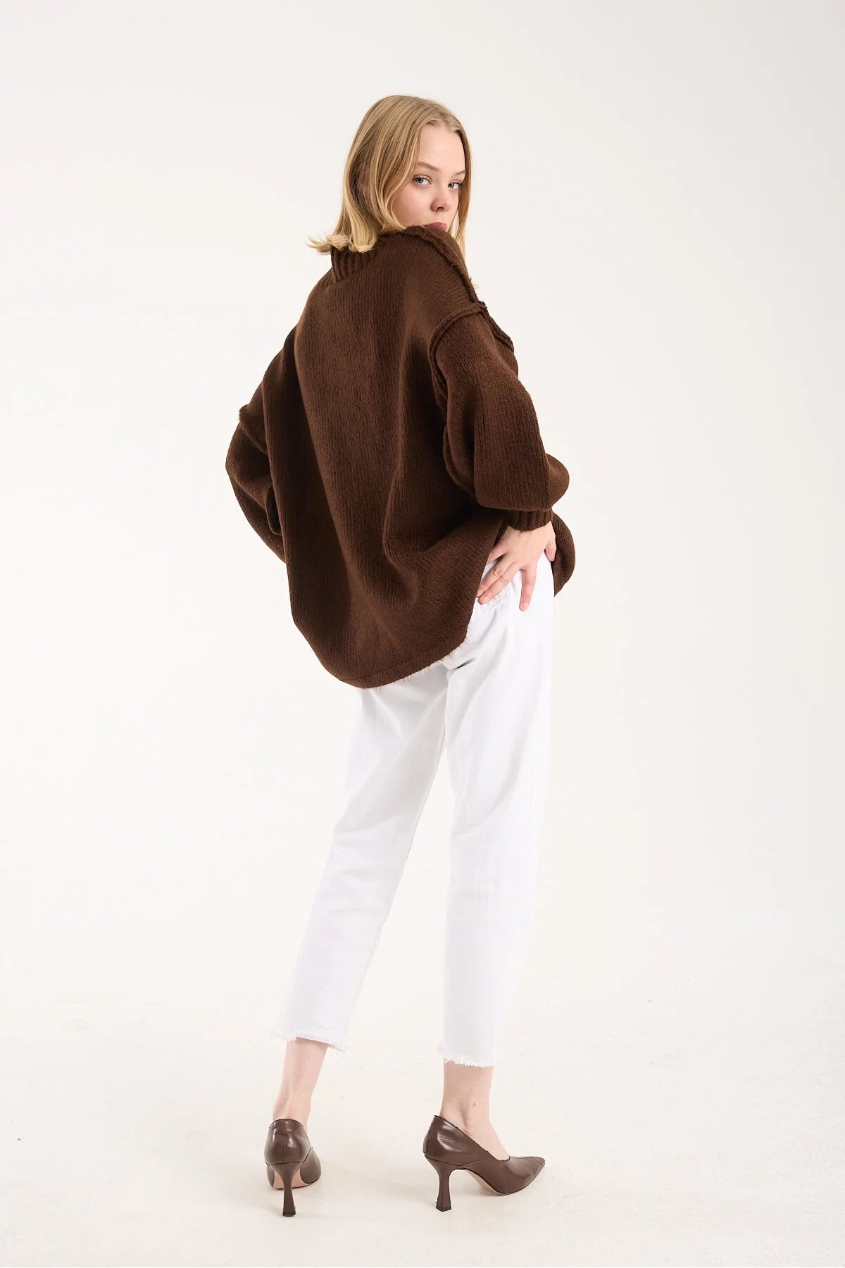 Yumoş ip ters dikiş oversize kadın kazak dik yaka 6513