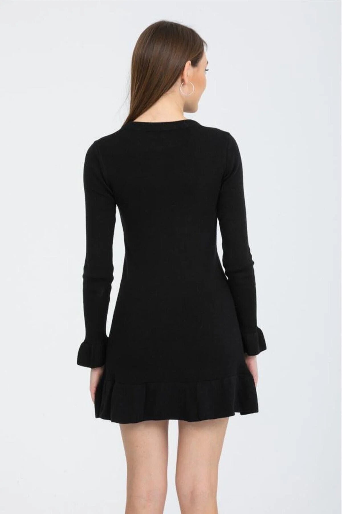 Kadın Triko Elbise Fırfır Detaylı Mini Boy Esnek Triko ipi 8588