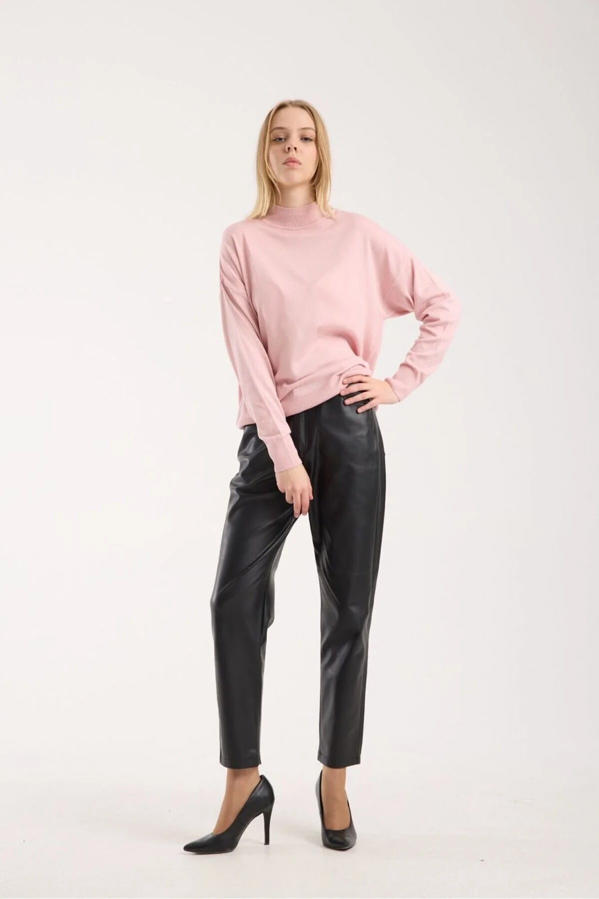 Kadın triko kazak yumuşak doku dik yaka basic 3522