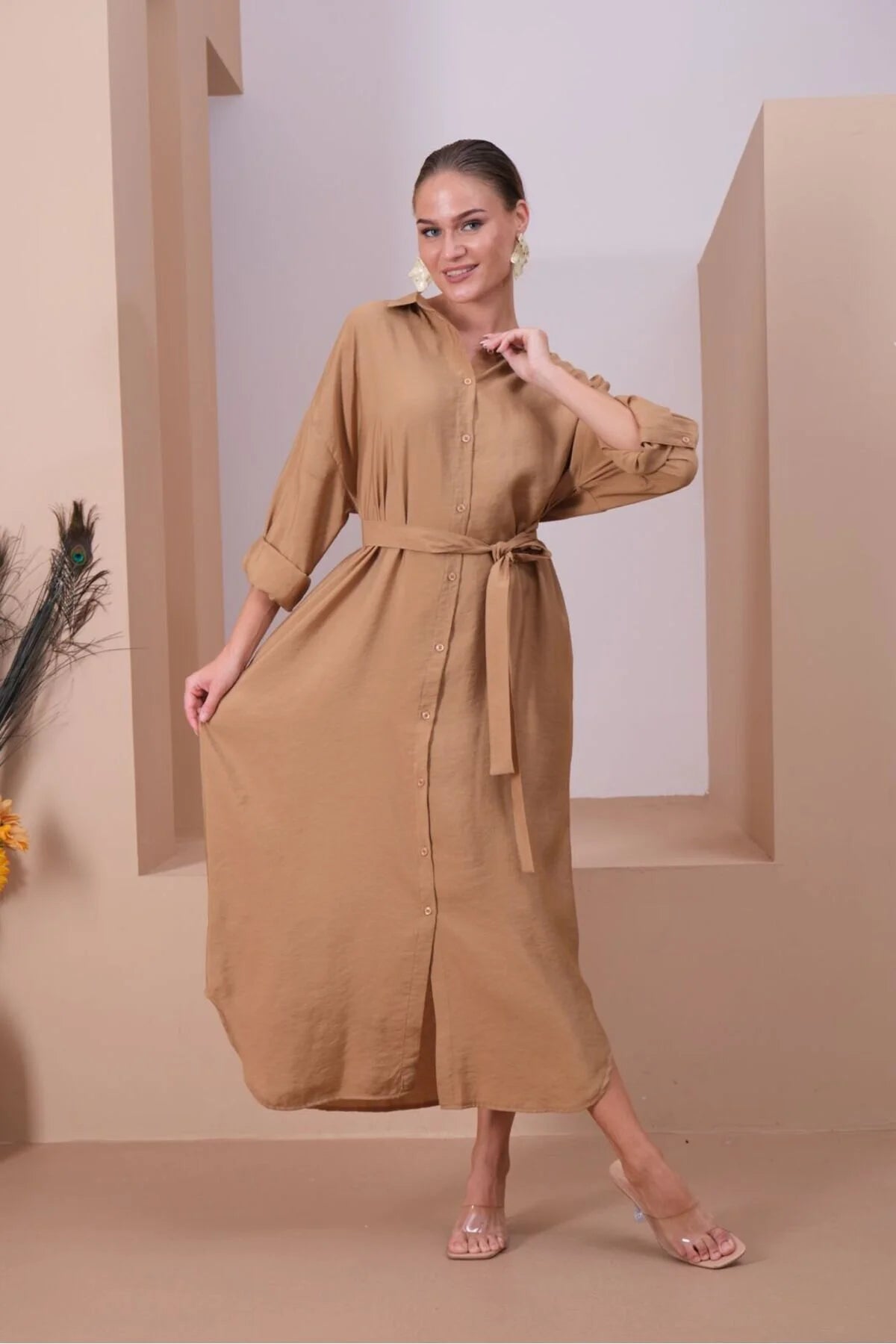 kadın gömlek elbise düğmeli kuşaklı cepli uzun rahat 5727