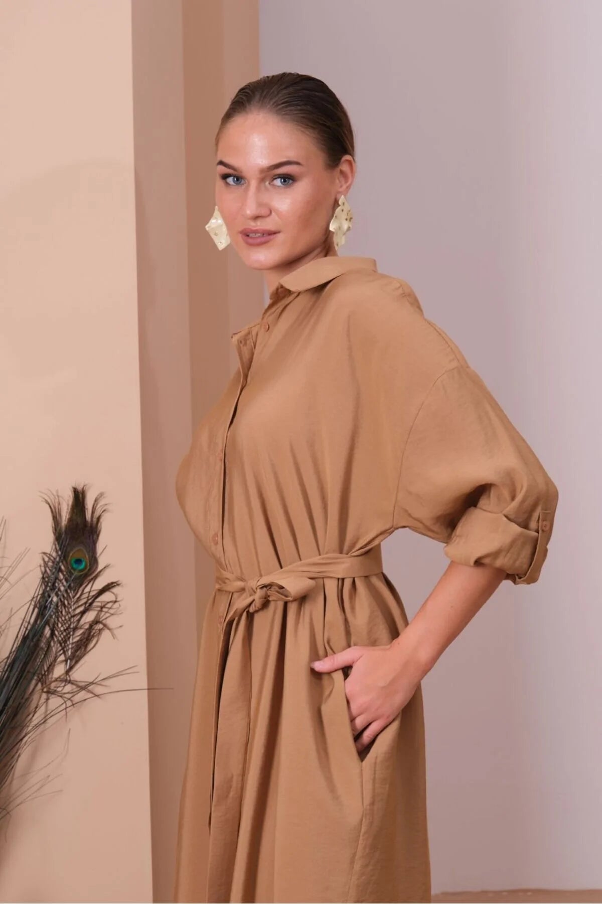 kadın gömlek elbise düğmeli kuşaklı cepli uzun rahat 5727