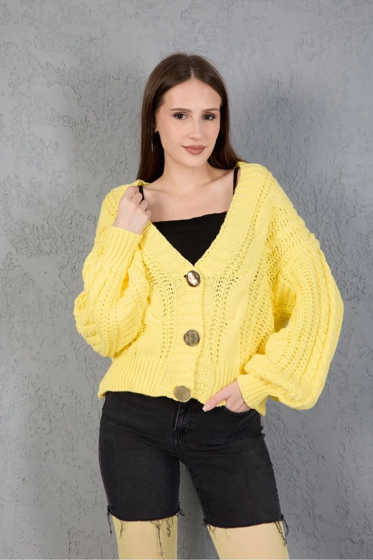 Kadın Triko Hırka Kazak V Yaka Düğmeli Kalın Yumuşak Şık Trend 3536