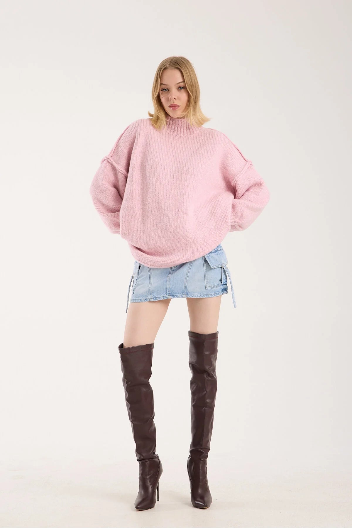 Yumoş ip ters dikiş oversize kadın kazak dik yaka 6513