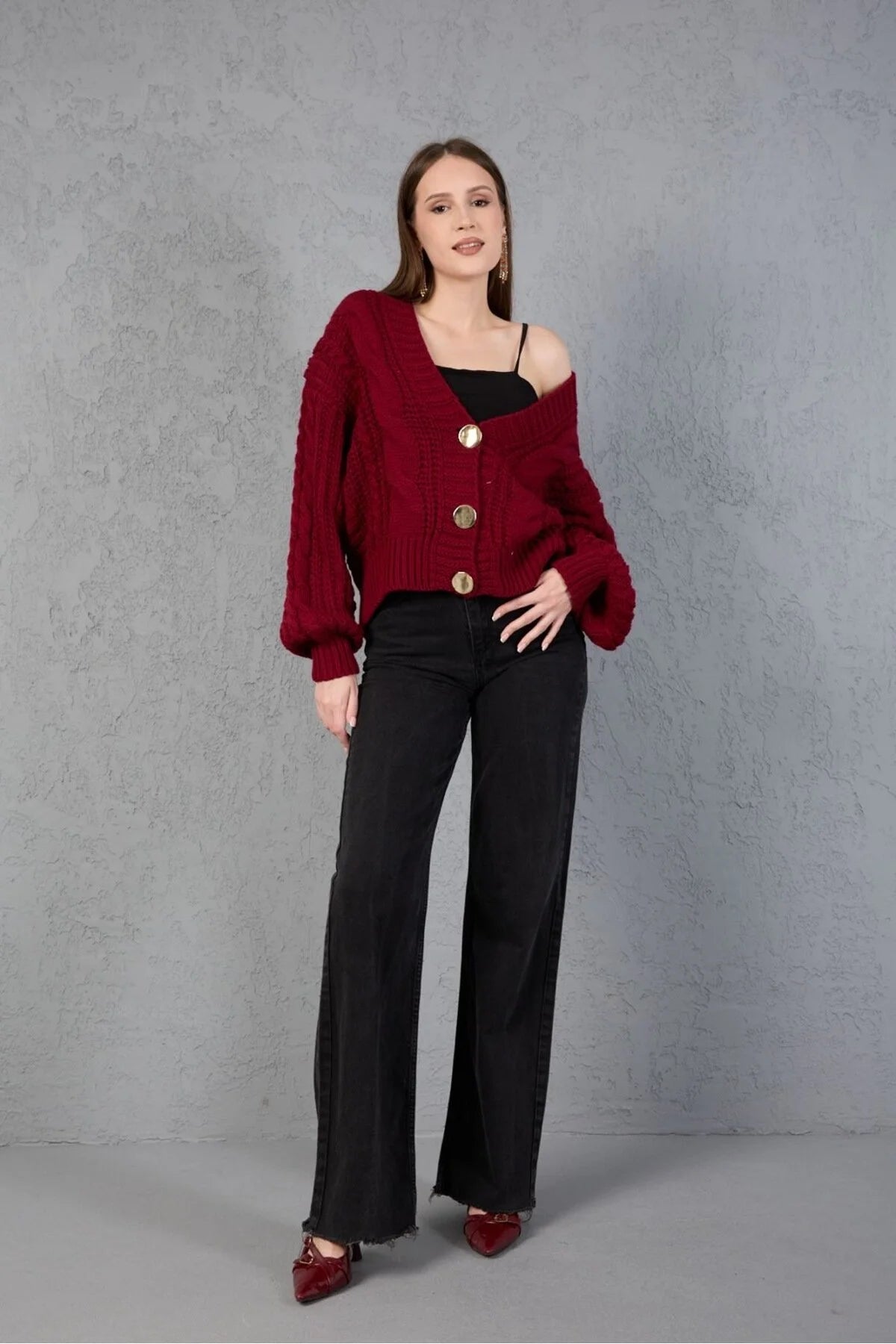 Kadın Triko Hırka Kazak V Yaka Düğmeli Kalın Yumuşak Şık Trend 3536