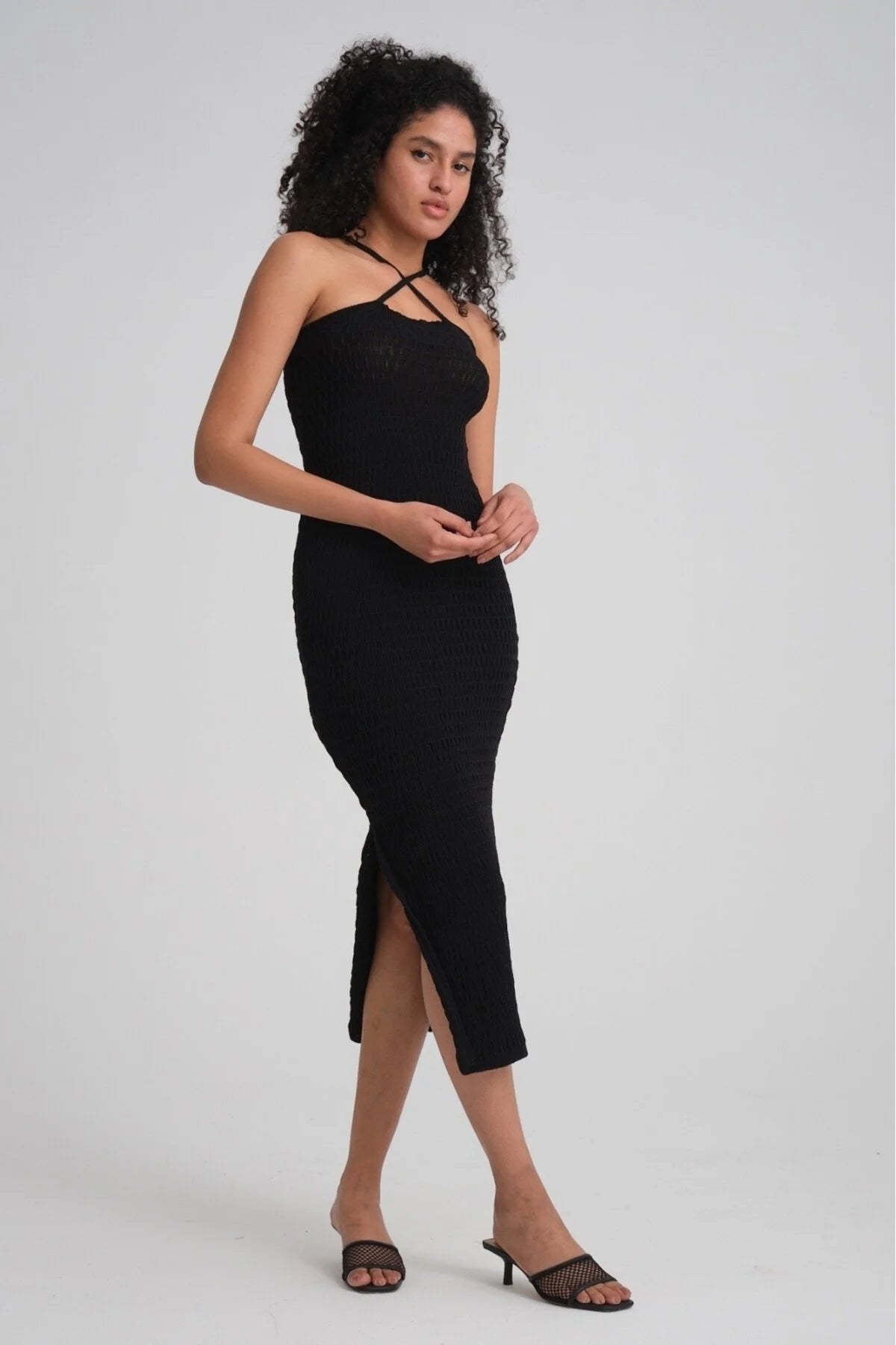 kadın askılı yırtmaçlı esnek likralı uzun örme elbise 3423