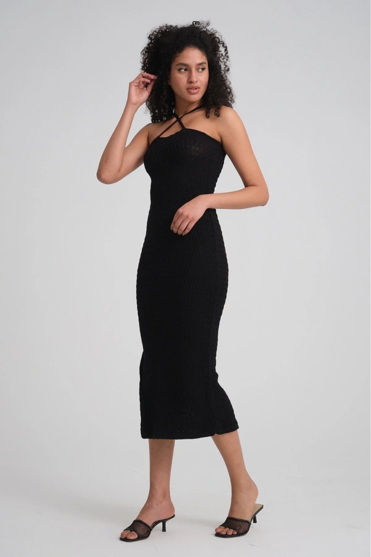 kadın askılı yırtmaçlı esnek likralı uzun örme elbise 3423