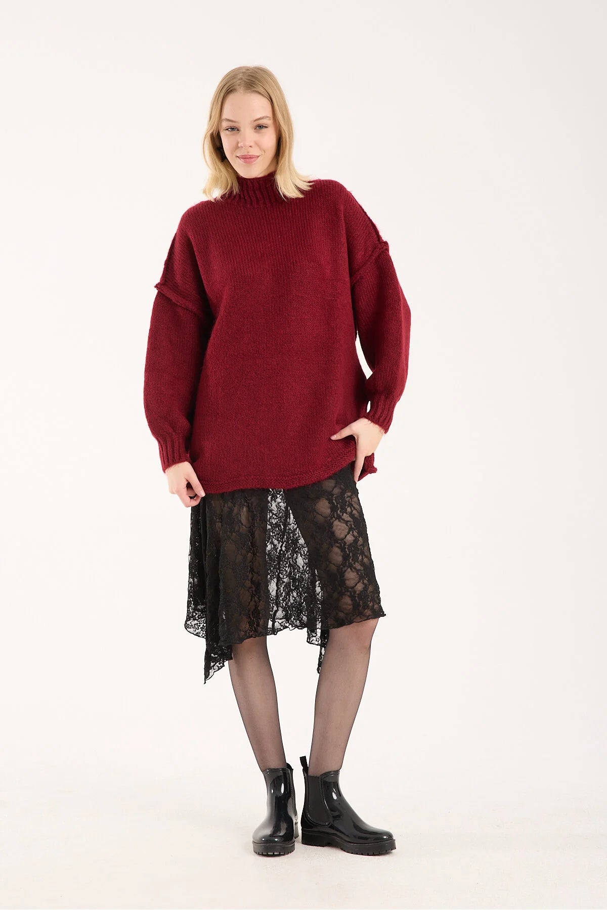 Yumoş ip ters dikiş oversize kadın kazak dik yaka 6513