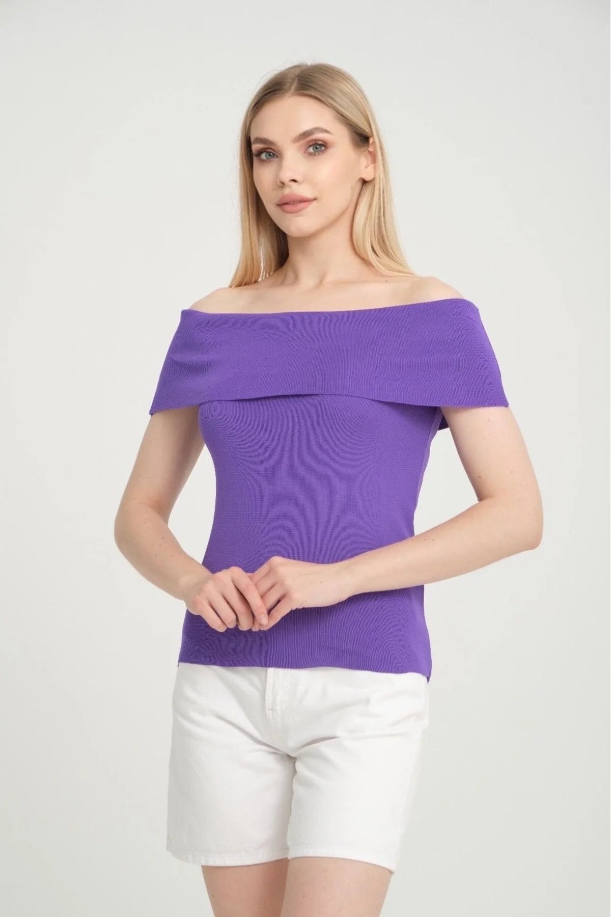 Kadın Giyim Bluz Madonna Yaka Omuzları Açık Kısakol Likralı Yazlık Bluz 3435