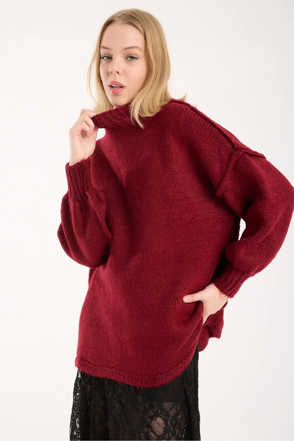 Yumoş ip ters dikiş oversize kadın kazak dik yaka 6513