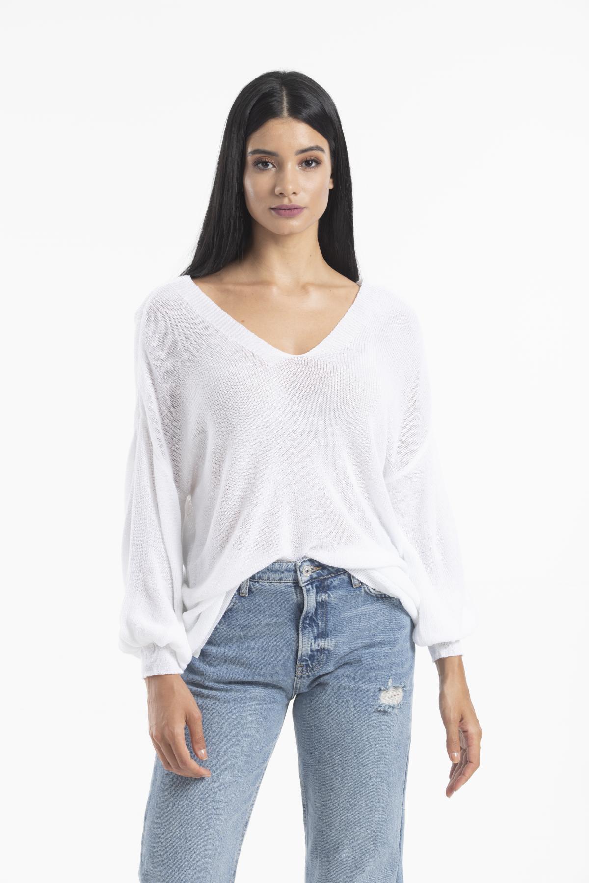 Kadın Giyim Bluz Merserize Kazak Ön Arka V Yaka Balon Kol Ince Merserize Triko Örme Salaş Kazak 3276