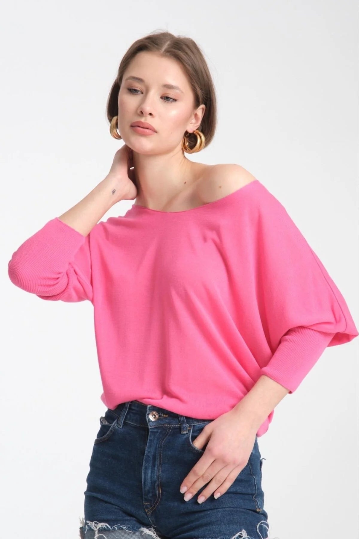 Kadın Giyim Bluz Ince Kazak U Yaka Omuz Düşük Uzunkol Rahat Kalıp Ince Viskon Üst Giyim 3500