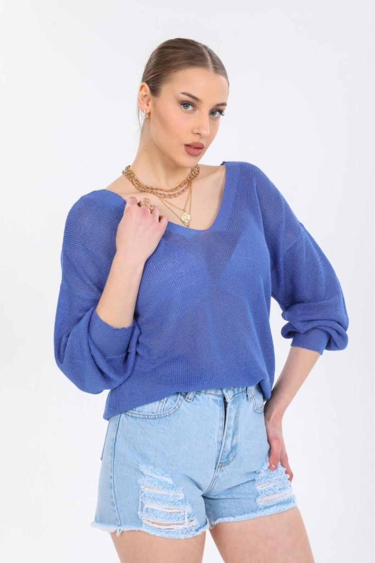 Kadın Giyim Bluz Merserize Kazak Ön Arka V Yaka Balon Kol Ince Merserize Triko Örme Salaş Kazak 3276