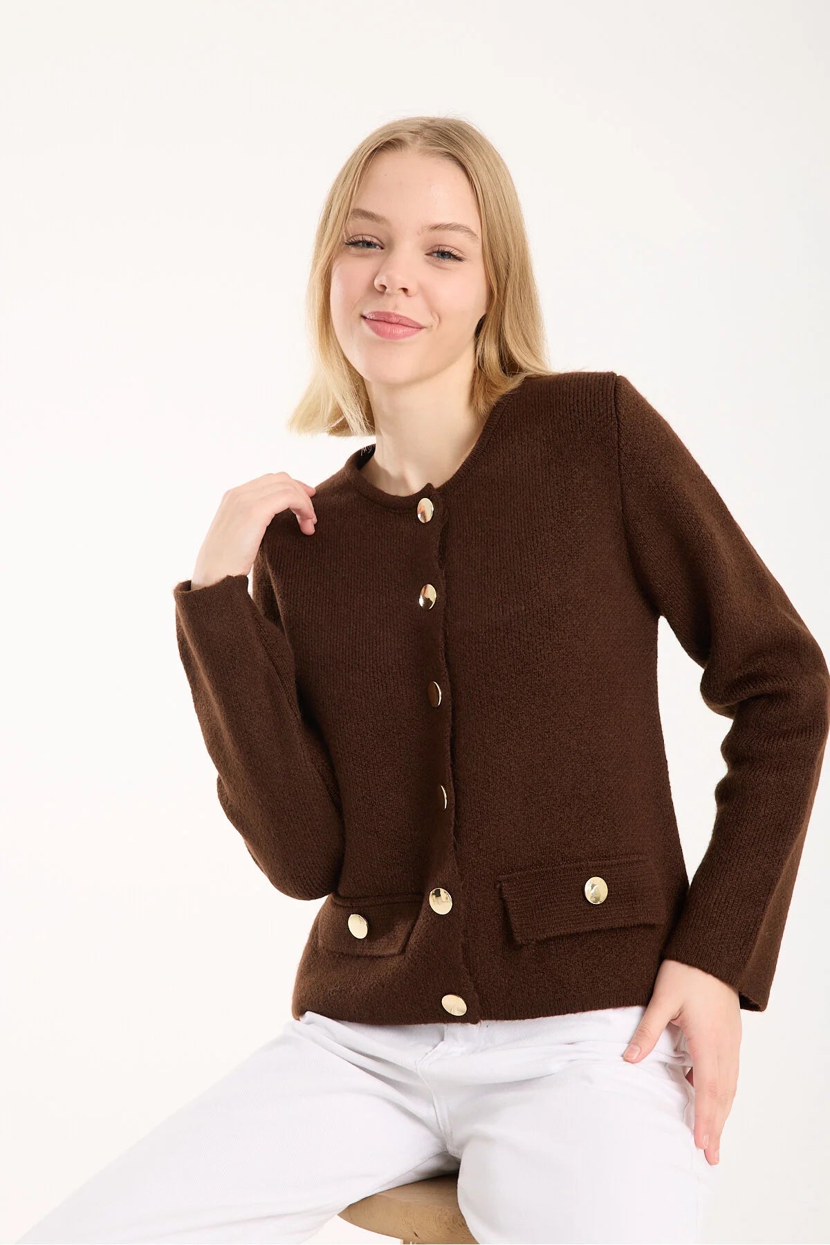 Yumoş ip düğmeli cepli kadın hırka 6517