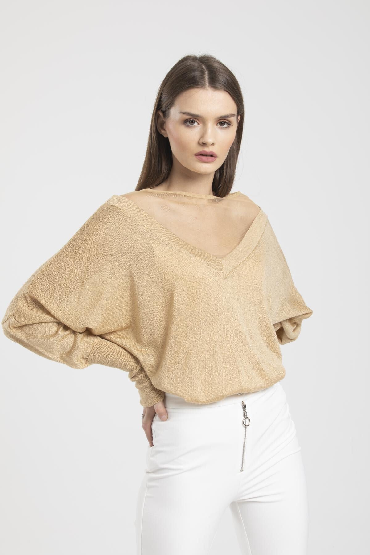 Yakası Tül Detaylı Ön Arka V Yaka Merserize Triko Kadın Kazak 8507