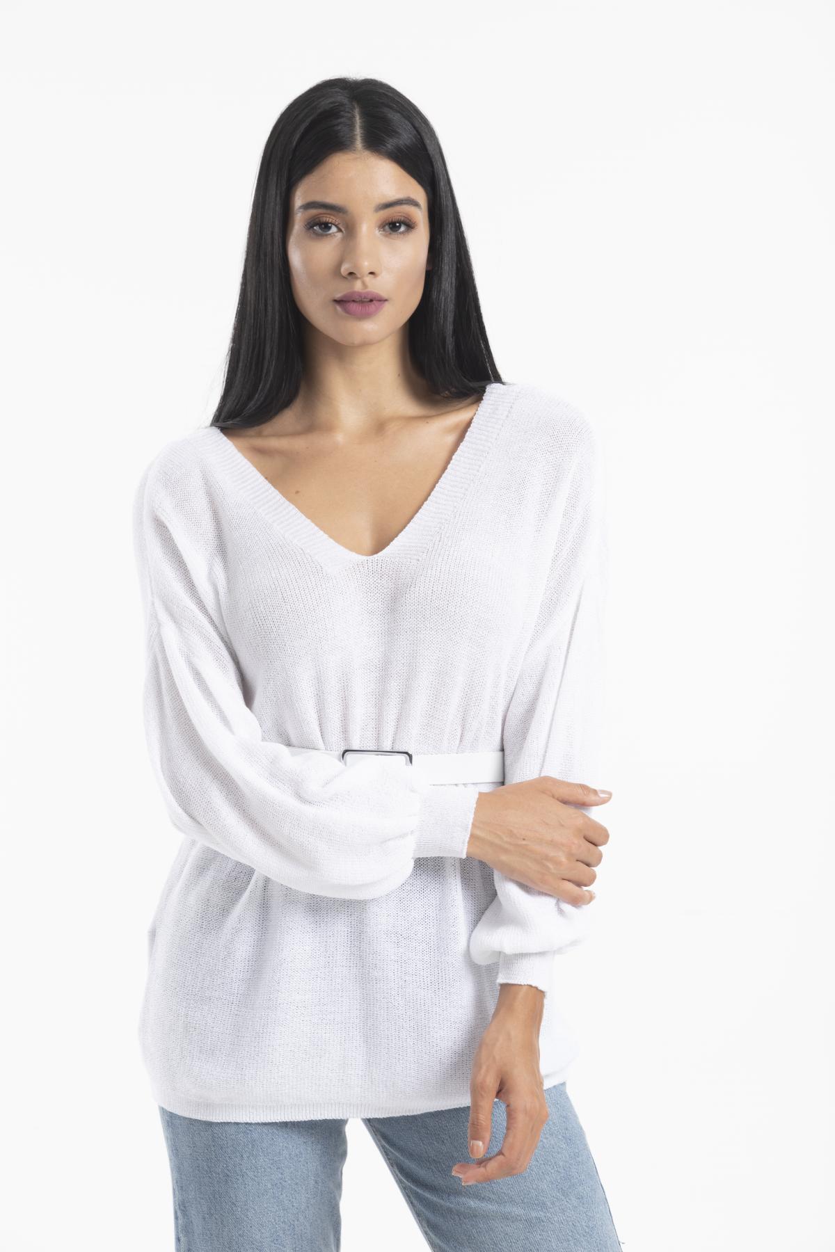 Kadın Giyim Bluz Merserize Kazak Ön Arka V Yaka Balon Kol Ince Merserize Triko Örme Salaş Kazak 3276