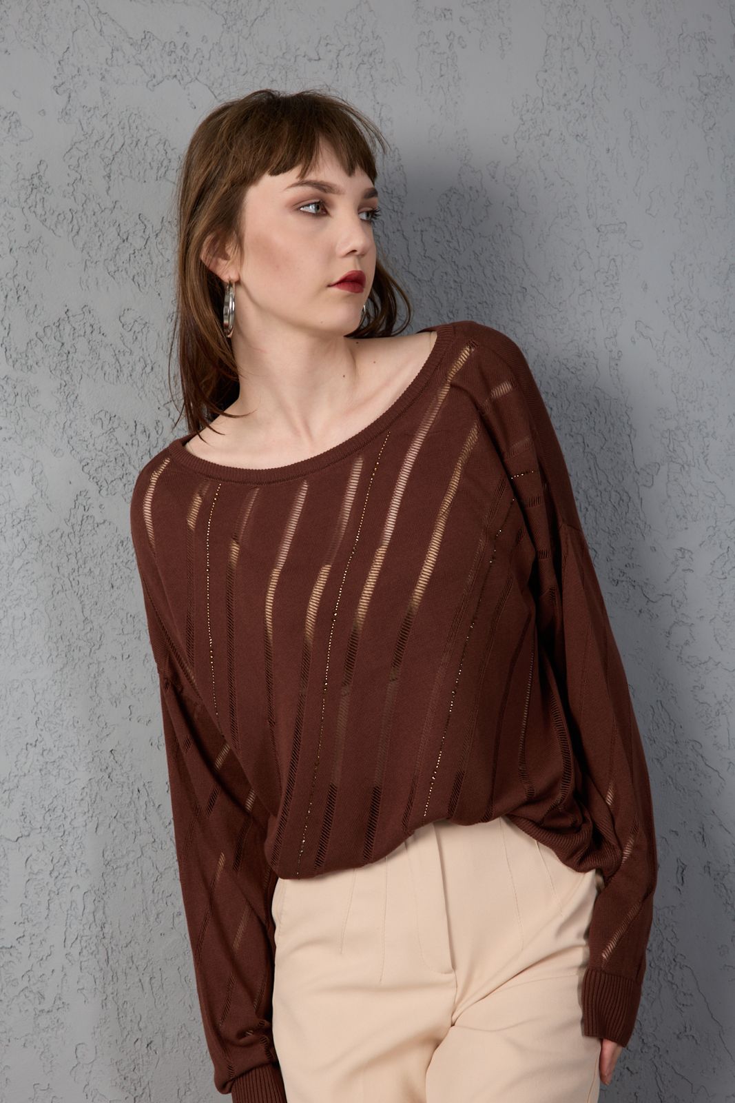 Kadın triko kazak yumuşak doku viskon ip geniş yaka 3514