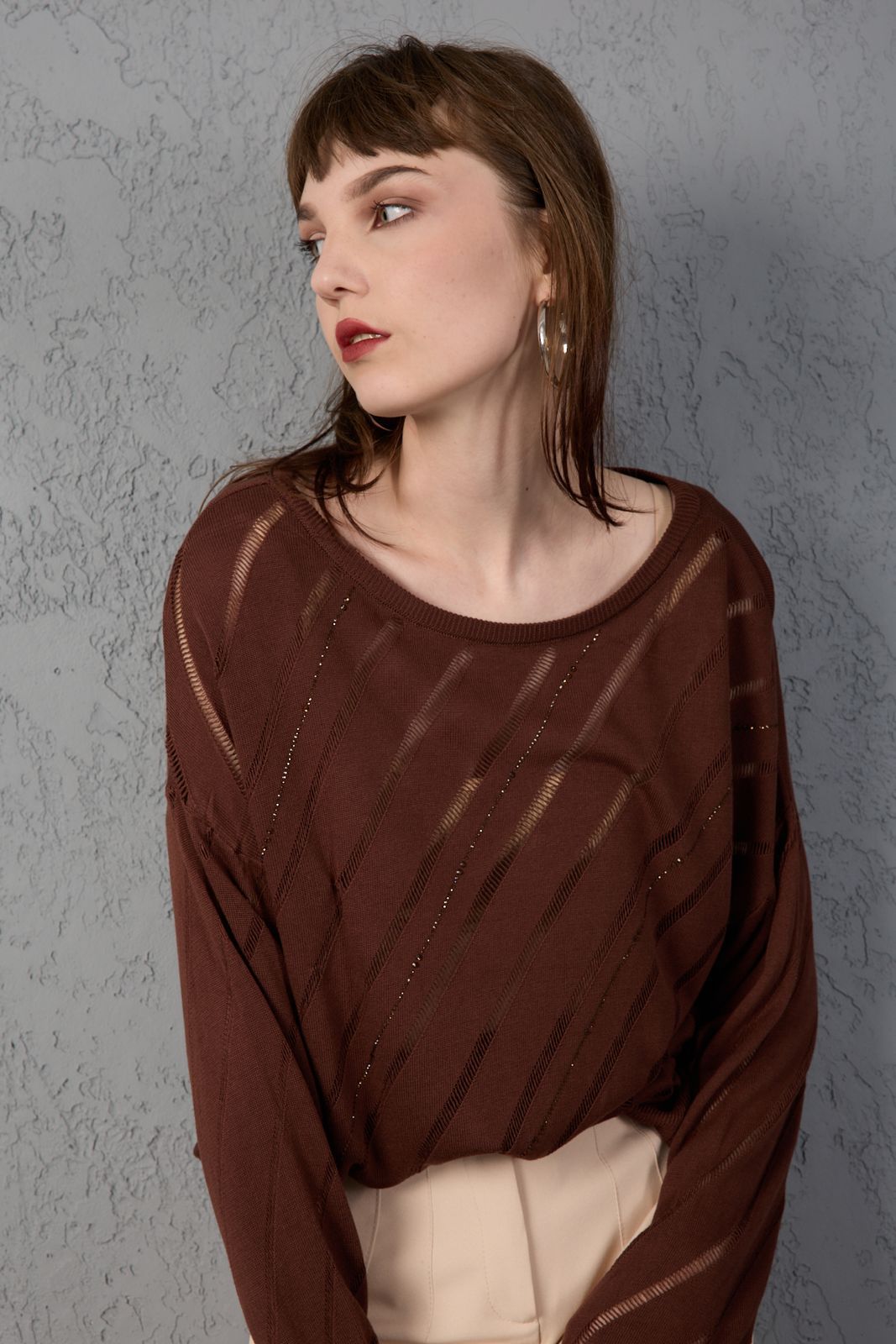 Kadın triko kazak yumuşak doku viskon ip geniş yaka 3514