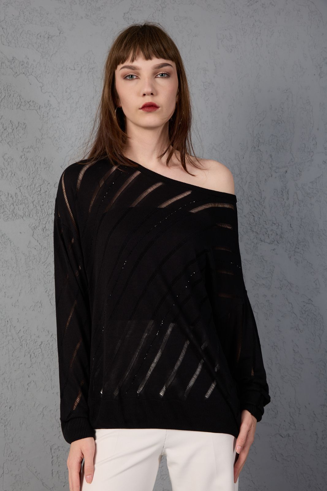 Kadın triko kazak yumuşak doku viskon ip geniş yaka 3514