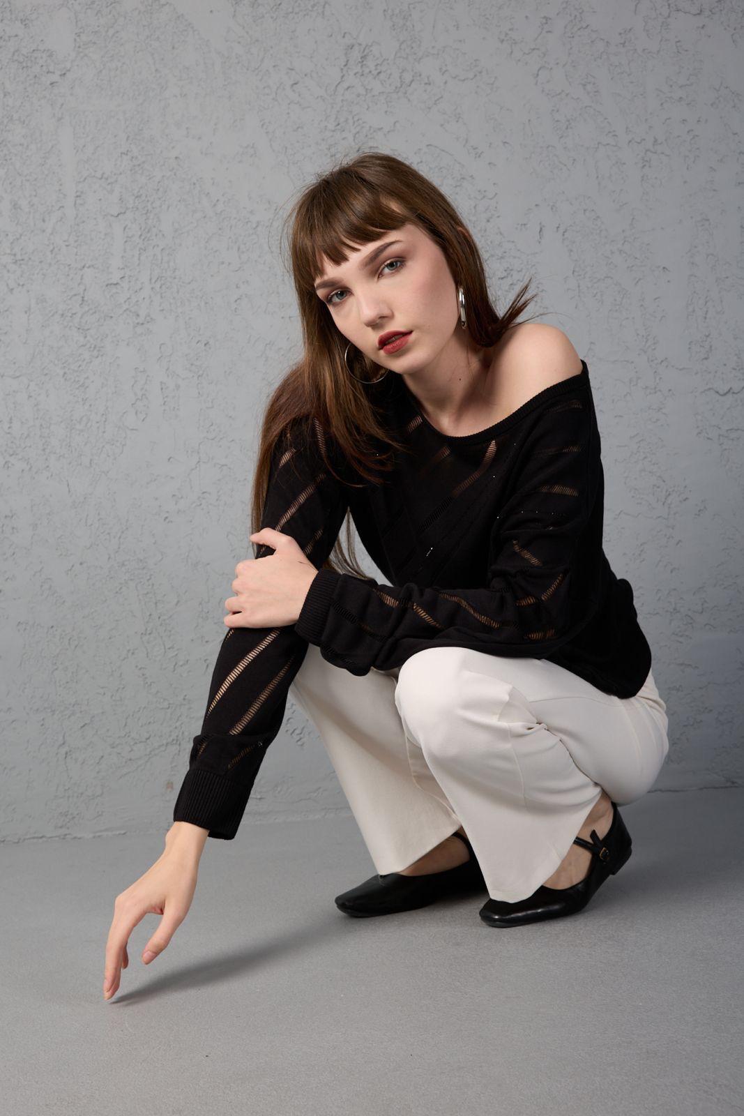 Kadın triko kazak yumuşak doku viskon ip geniş yaka 3514