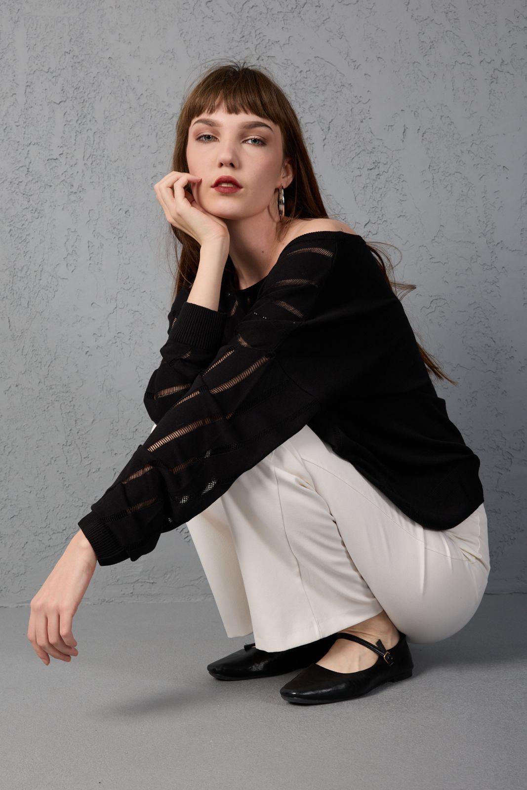 Kadın triko kazak yumuşak doku viskon ip geniş yaka 3514