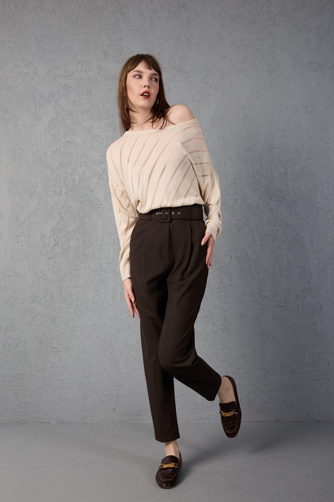 Kadın triko kazak yumuşak doku viskon ip geniş yaka 3514