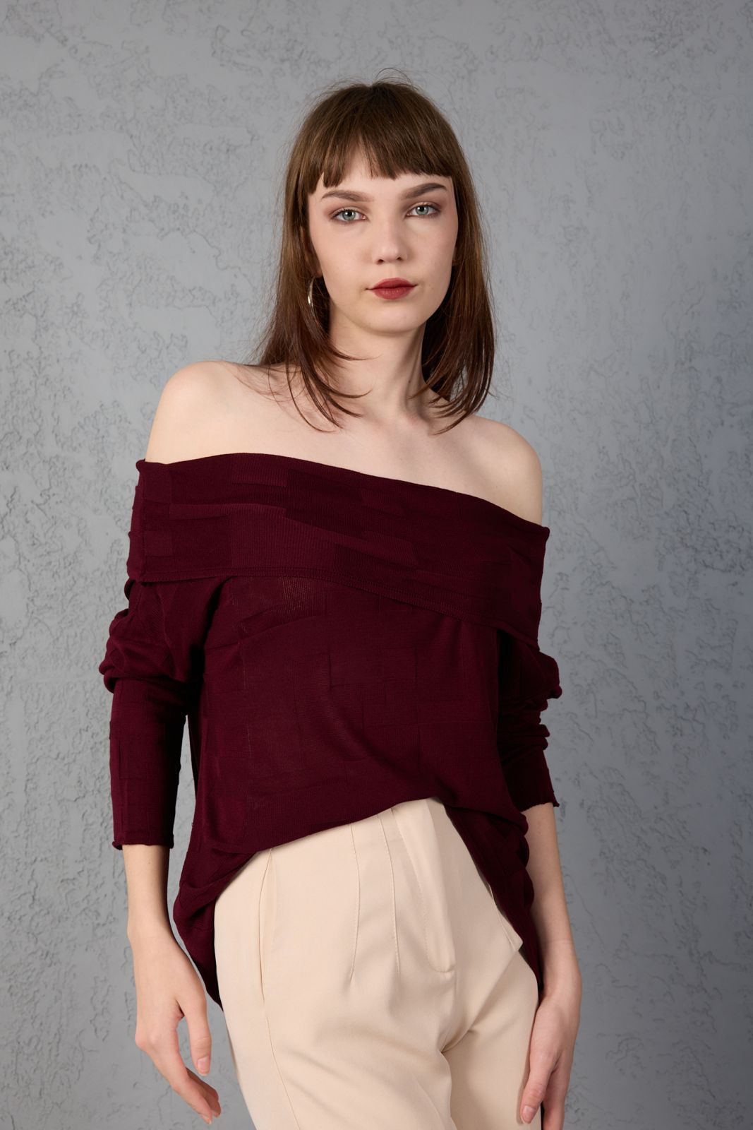 Kadın Triko Kazak ince Merserize Omuzu Açık Trend Sokak Stili 3517