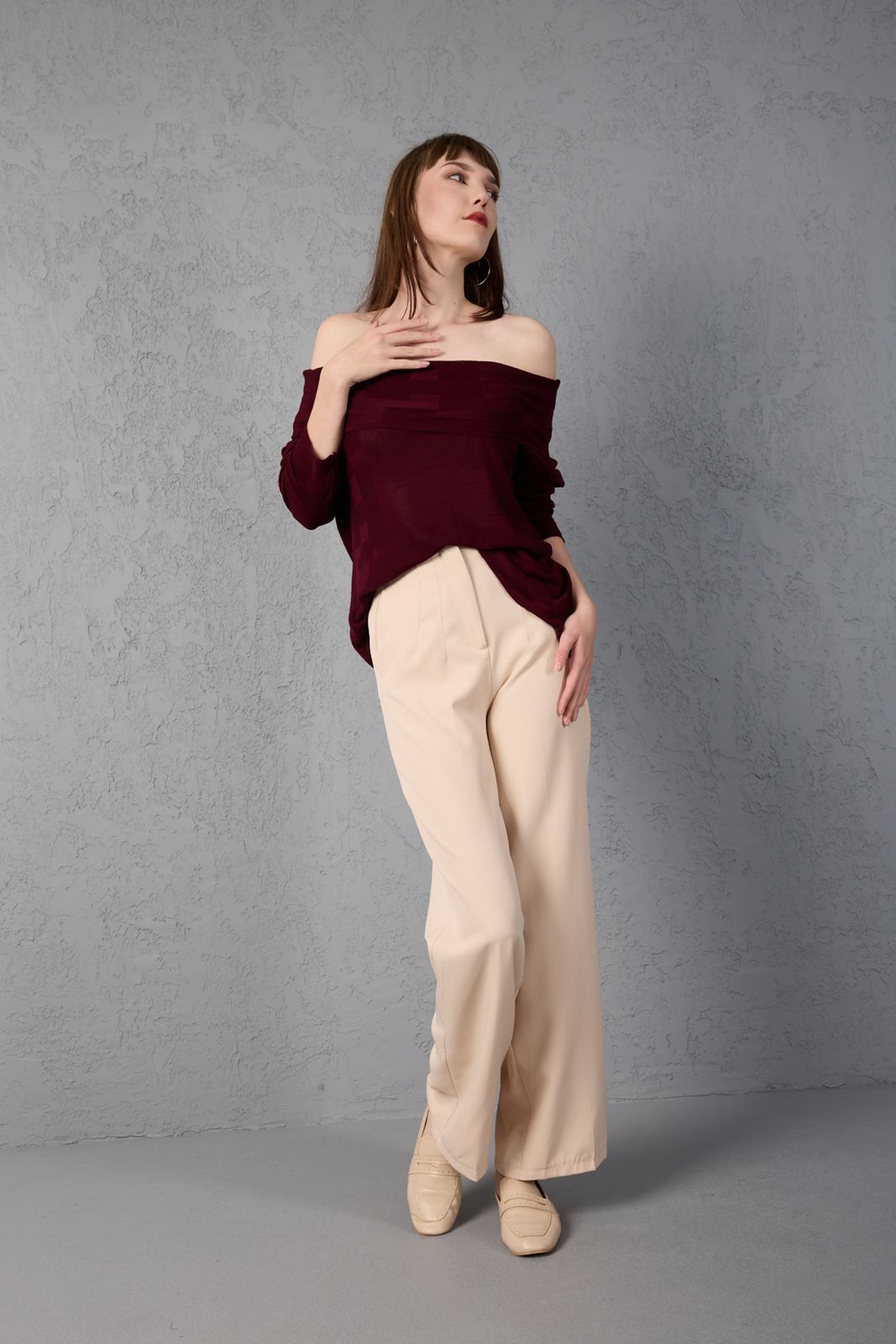 Kadın Triko Kazak ince Merserize Omuzu Açık Trend Sokak Stili 3517