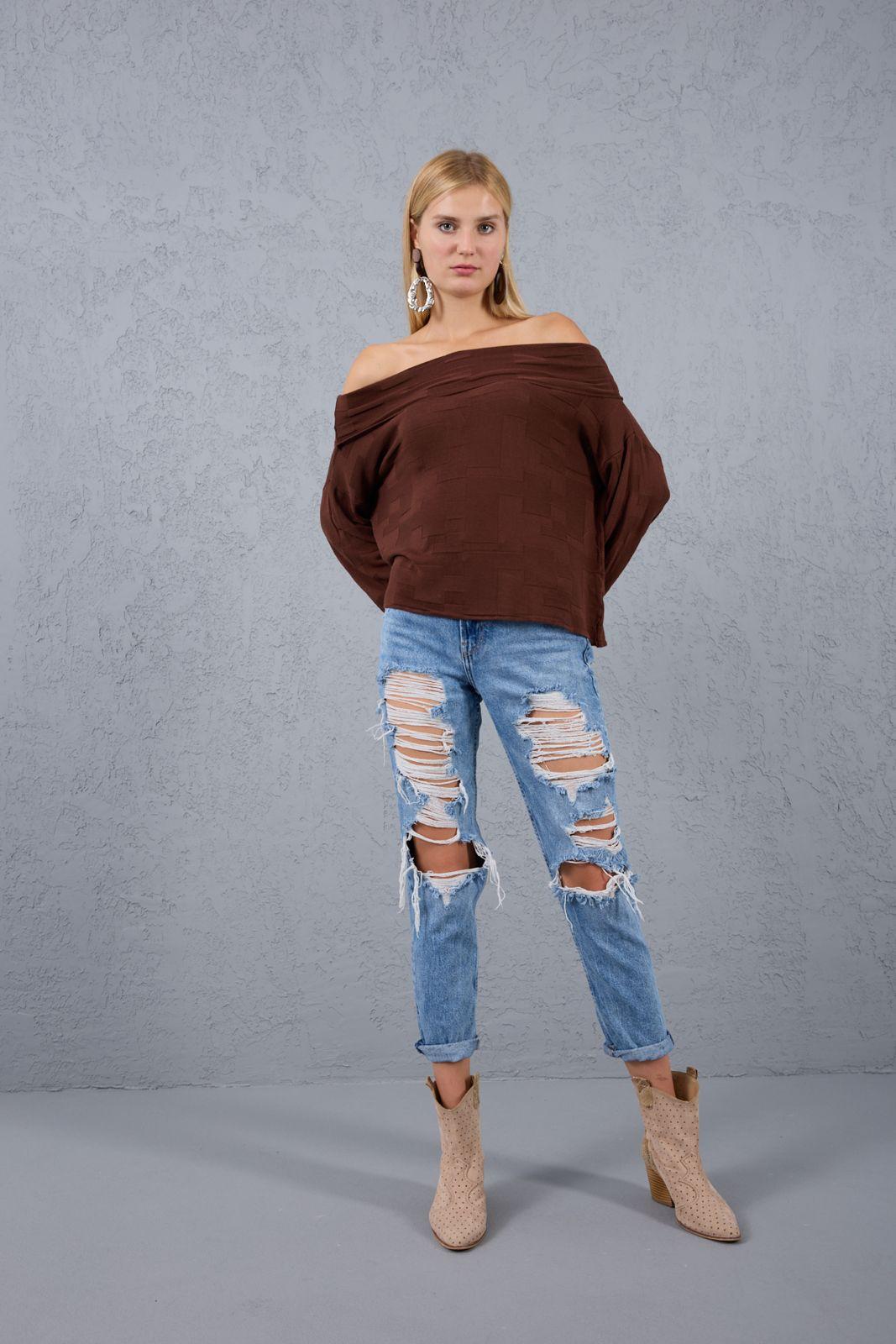 Kadın Triko Kazak ince Merserize Omuzu Açık Trend Sokak Stili 3517