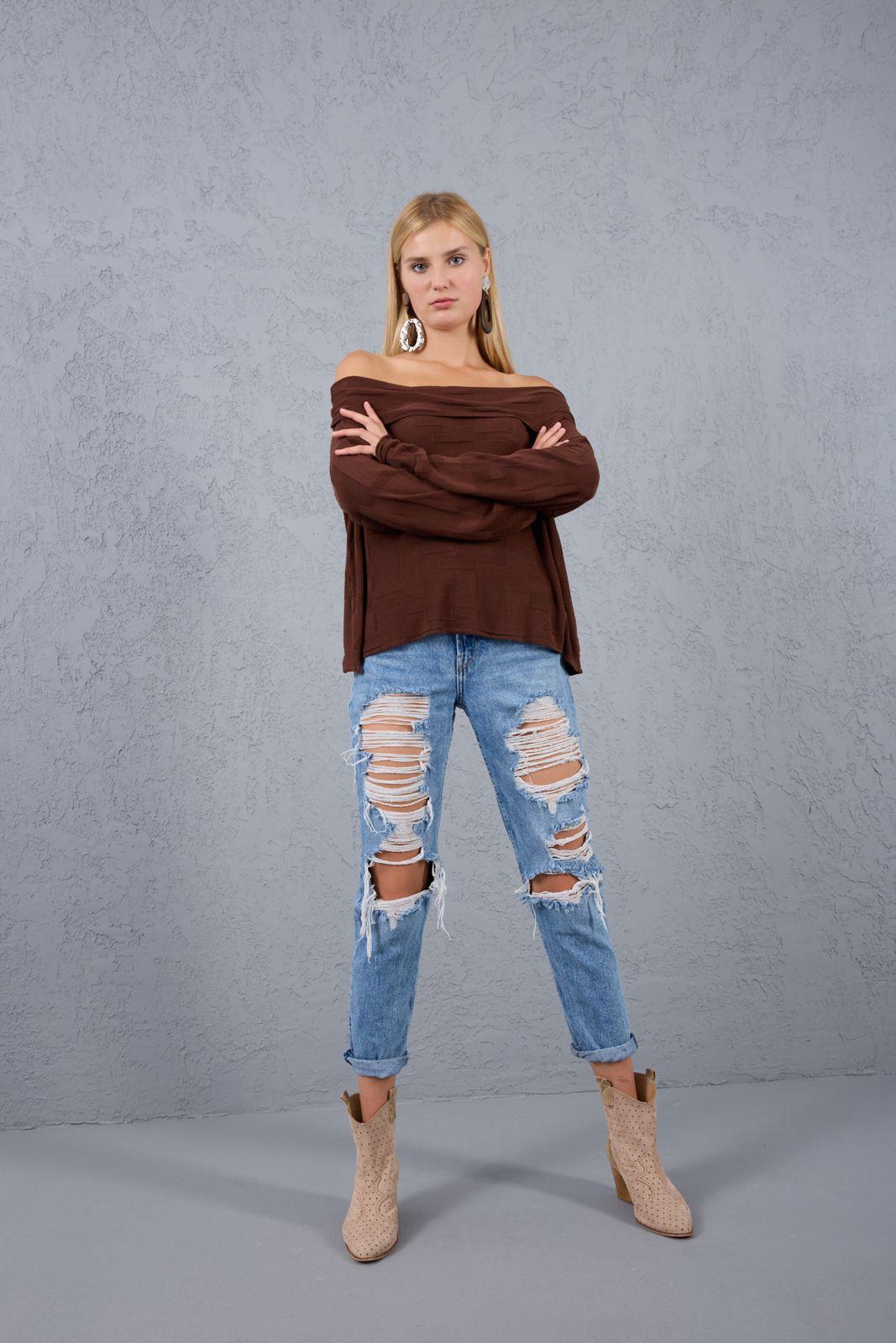 Kadın Triko Kazak ince Merserize Omuzu Açık Trend Sokak Stili 3517