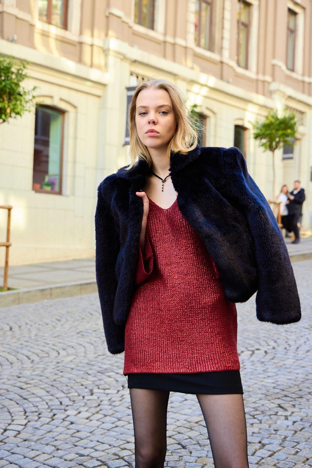 Kadın Triko Kazak Varak Kaplama Yeni Yıl Işıltılı V Yaka Parlak Uzun Kazak 3524