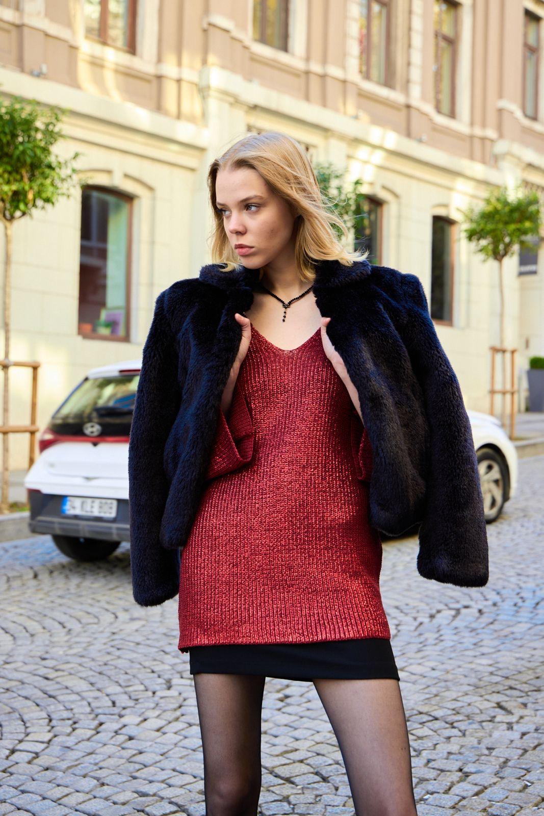 Kadın Triko Kazak Varak Kaplama Yeni Yıl Işıltılı V Yaka Parlak Uzun Kazak 3524