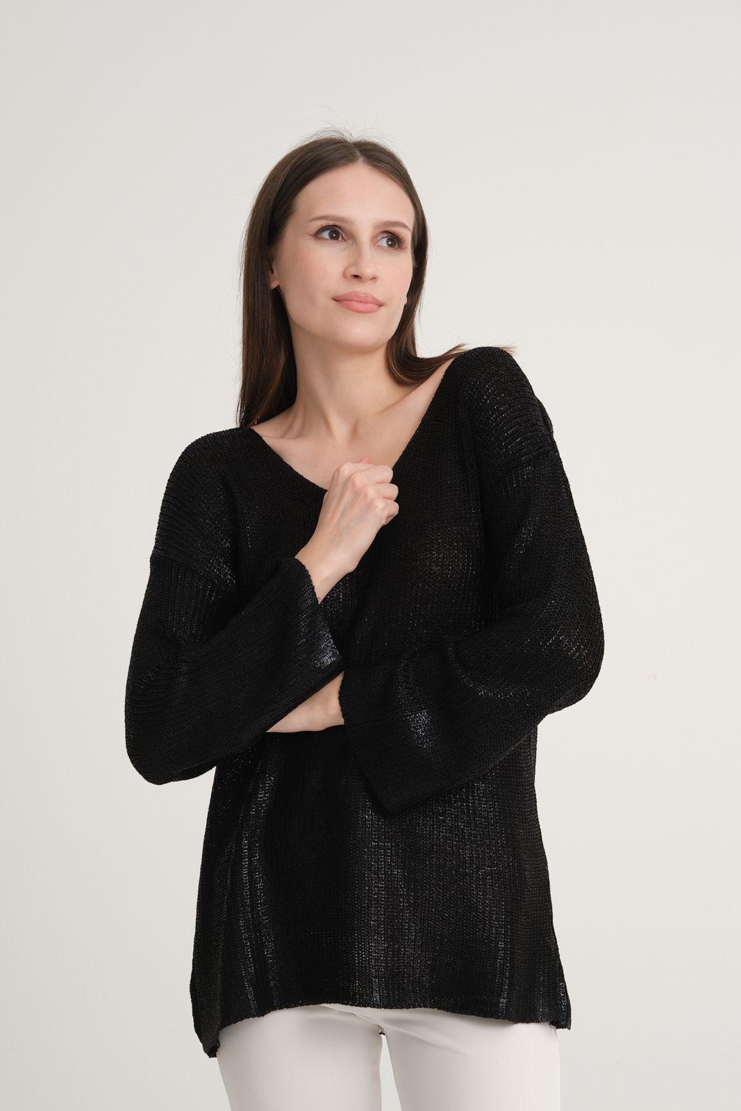 Kadın Triko Kazak Varak Kaplama Yeni Yıl Işıltılı V Yaka Parlak Uzun Kazak 3524