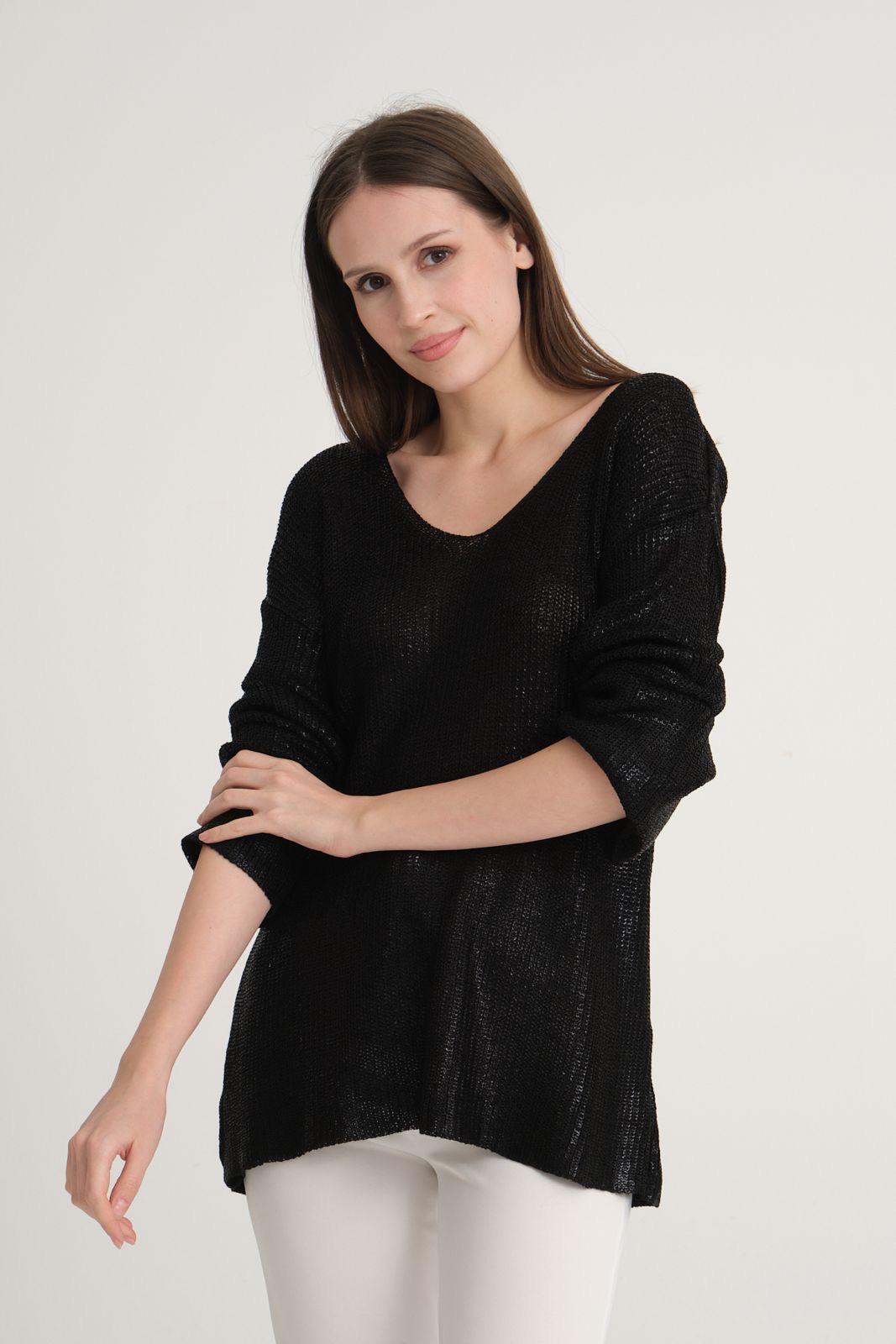 Kadın Triko Kazak Varak Kaplama Yeni Yıl Işıltılı V Yaka Parlak Uzun Kazak 3524