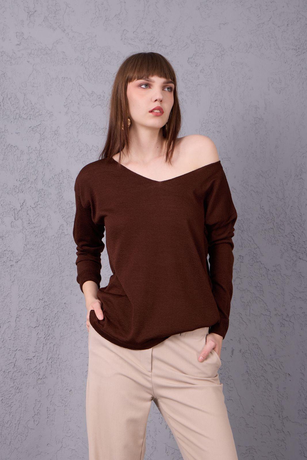 Kadın Triko Kazak V yaka Basic Yumuşak Doku Merserize Trend Ofis Şıklığı 3534