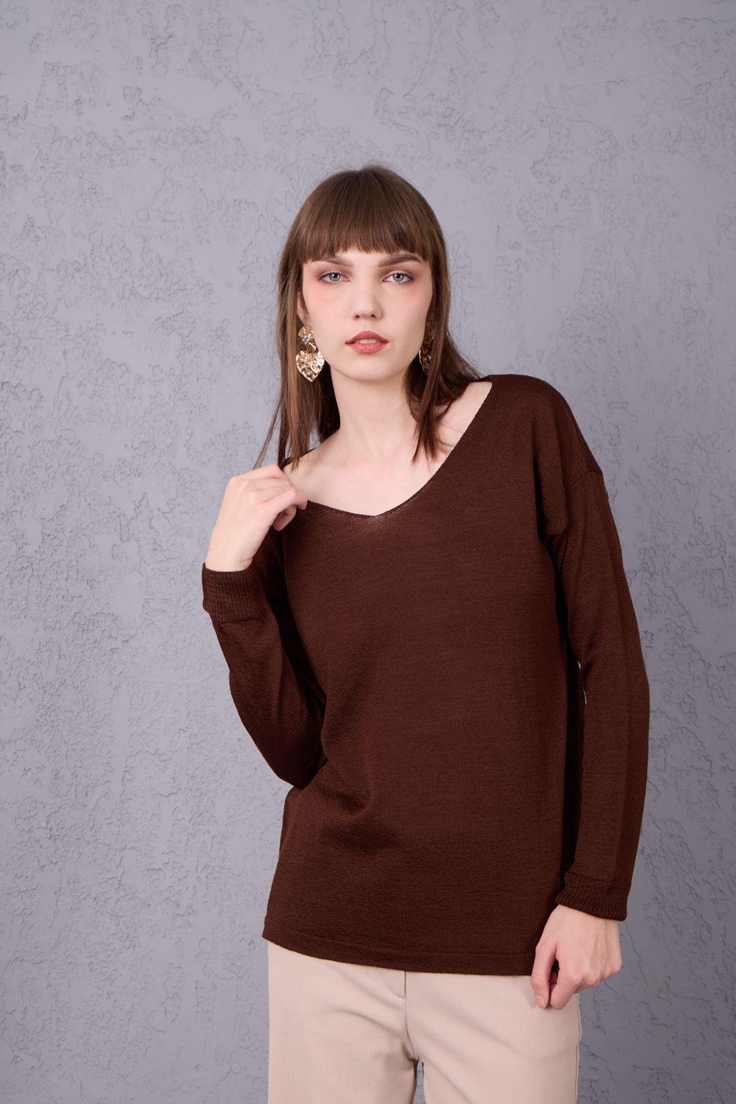 Kadın Triko Kazak V yaka Basic Yumuşak Doku Merserize Trend Ofis Şıklığı 3534