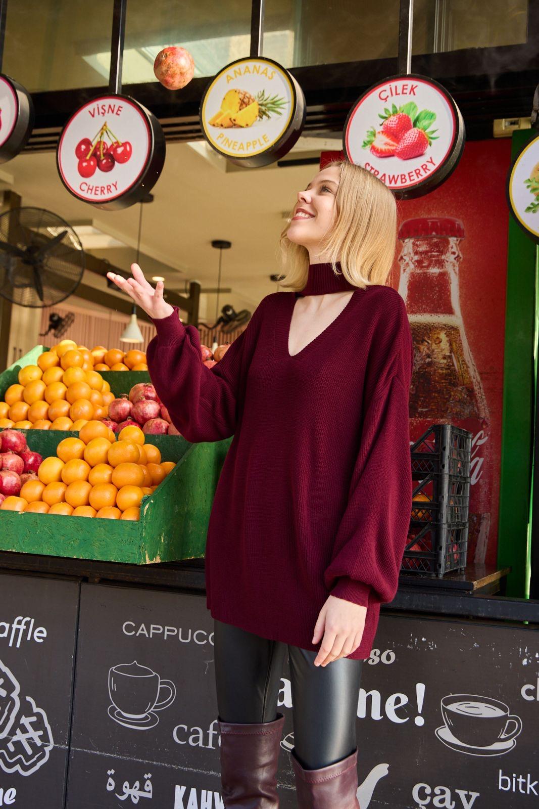 Kadın ön yaka V dik yaka salaş balon kol örme triko kazak 3552