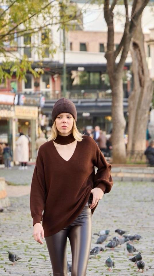 Kadın ön yaka V dik yaka salaş balon kol örme triko kazak 3552