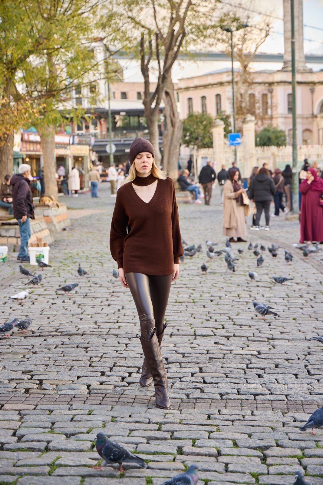 Kadın ön yaka V dik yaka salaş balon kol örme triko kazak 3552