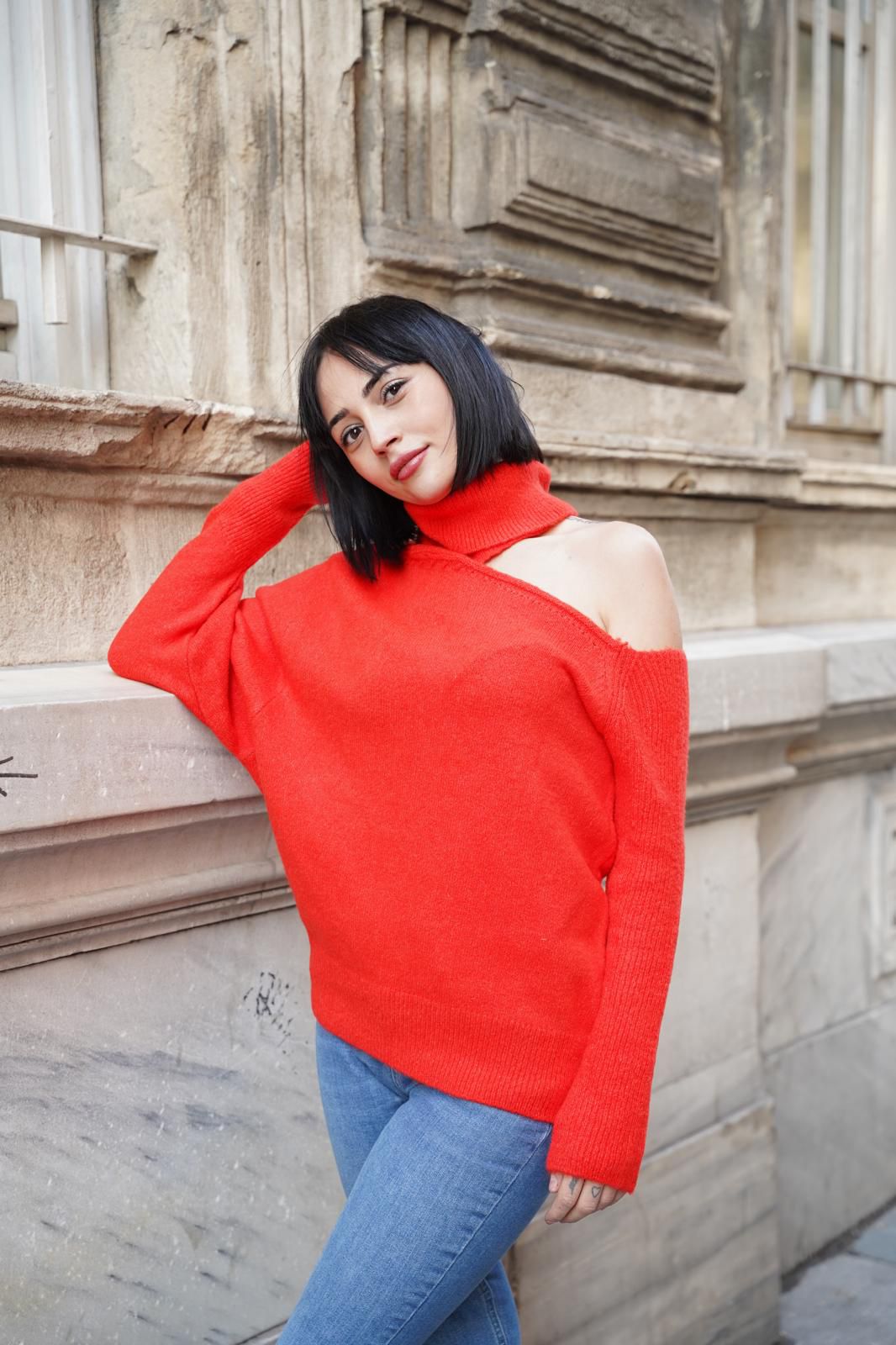 Kadın Triko Kazak Yumoş Omzu Açık Trend Yeni Yıl Kayak Rahat Kesim 6512