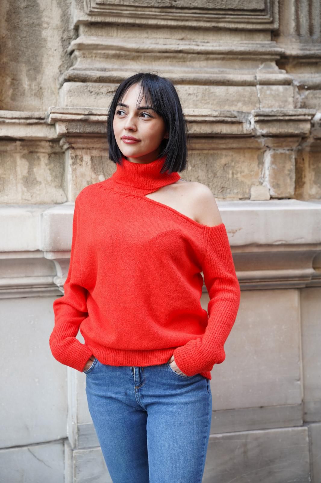 Kadın Triko Kazak Yumoş Omzu Açık Trend Yeni Yıl Kayak Rahat Kesim 6512