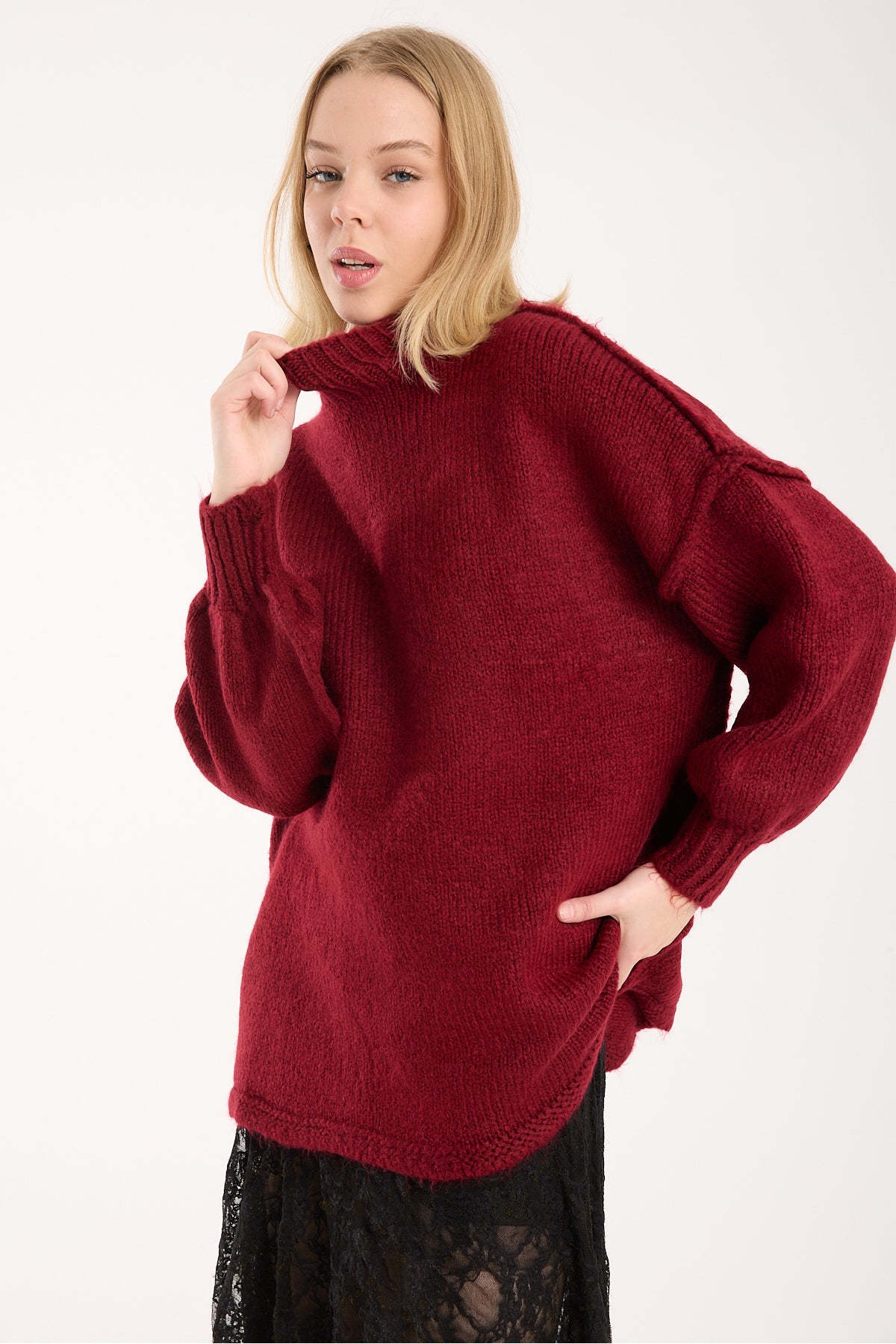 Yumoş ip ters dikiş oversize kadın kazak dik yaka 6513