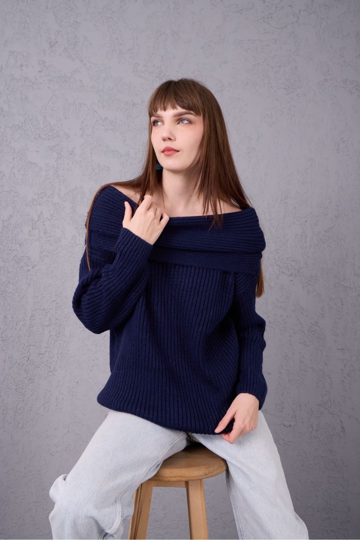 kadın yumoş kalın yumuşak Madonna yaka şık triko uzun kol kazak 3465