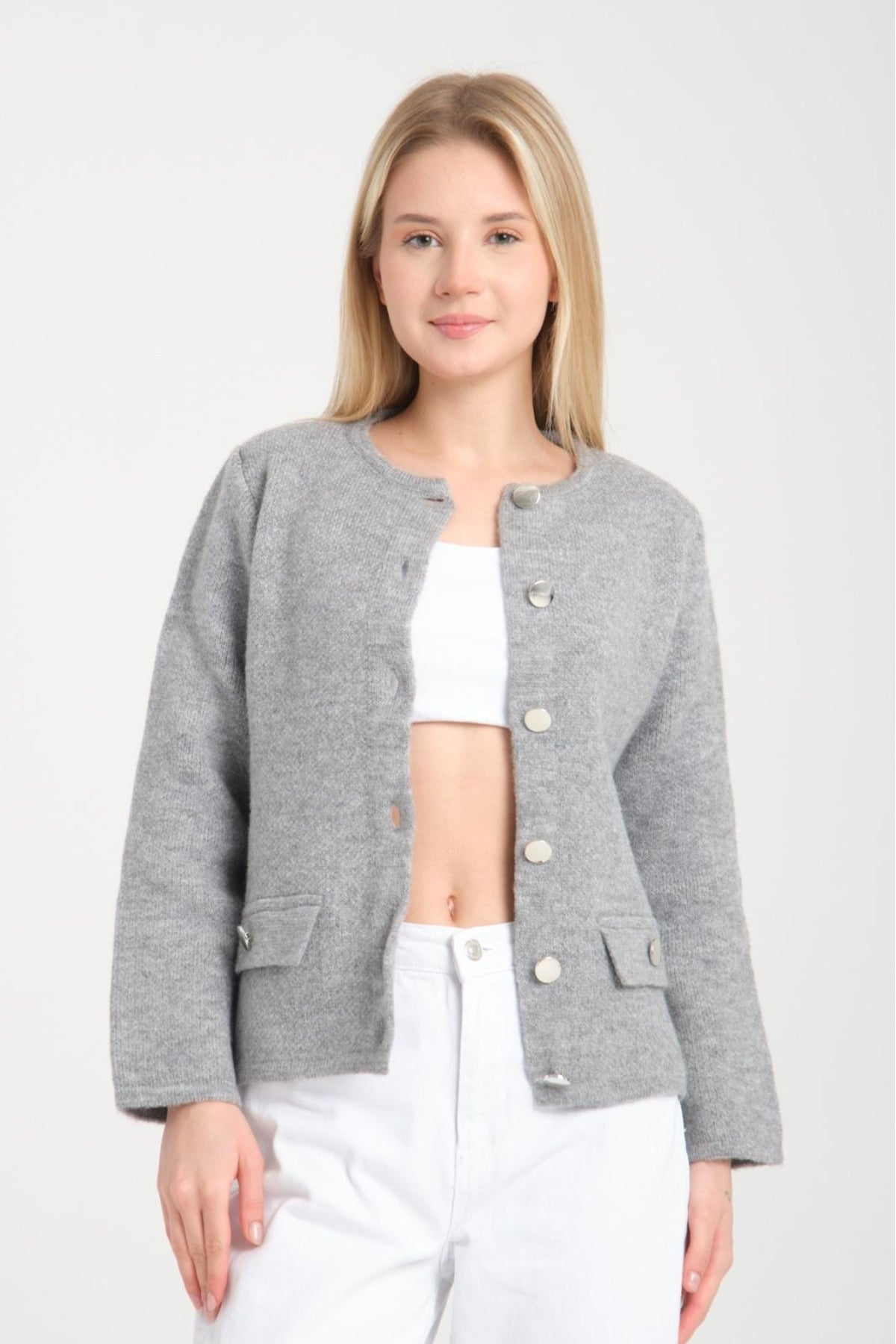 kadın triko hırka düğmeli uzunkol yumoş bisiklet yaka rahat kalıp hırka 3475