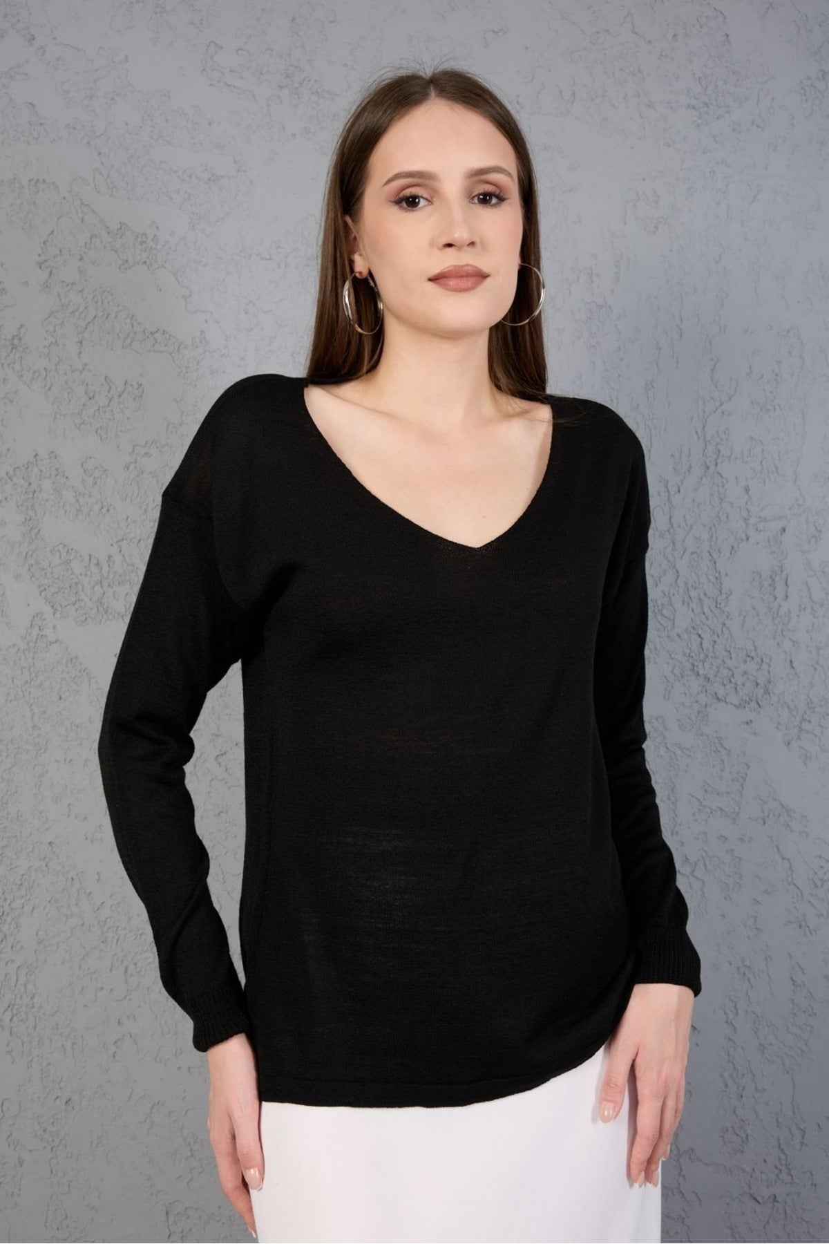 Kadın Triko Kazak V yaka Basic Yumuşak Doku Merserize Trend Ofis Şıklığı 3534